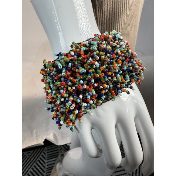 Multicolor Beaded Cuff Bracelet Handmade Elastic Boho Style Elastic Statement Je - Picture 4 of 16